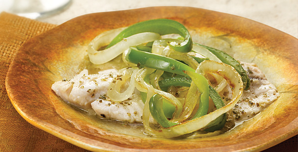 Garden-style fish with onions and bell peppers