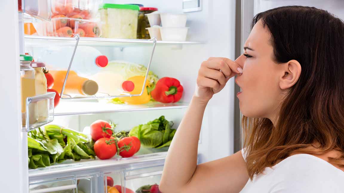 Young woman concerned about refrigerator smell.