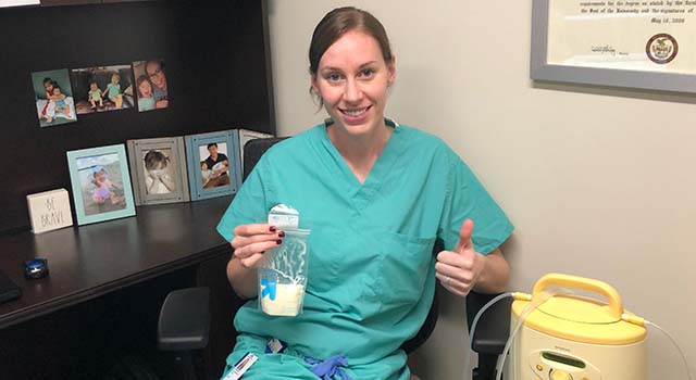 Although busy at work, Dr. Selander makes it a priority to find time to pump breast milk.