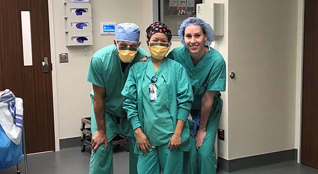 Dr. Selander, at right, was back in the swing of things quickly following her return to work. Here she's pictured with fellow Tidelands Health OB-GYN Dr. Jay Heineck and Tidelands Georgetown Memorial Hospital nurse Sheila Cortez.