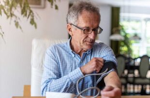 Man measuring blood pressure at home.