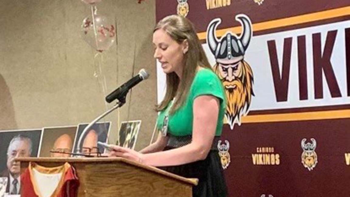 Tidelands Health OB-GYN Dr. Monica Selander speaks after becoming one of the first Caribou High School in Maine after becoming one of the first members of the school's new Athletics Hall of Fame.