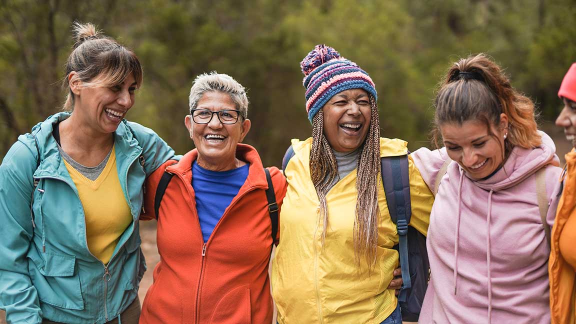 Happy women walking.