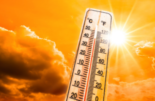 Hot summer or heat wave background, glowing sun on orange sky with thermometer