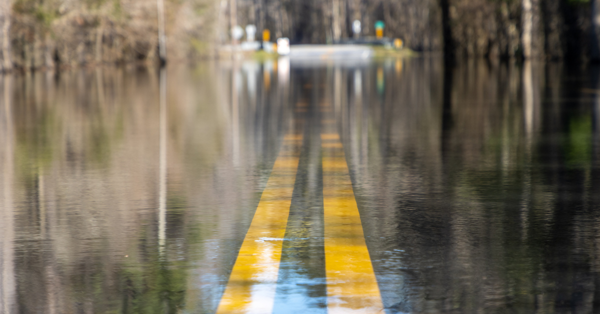A road is unpassable to cars after a nearby river overtopped its banks after days of rain, flooding it. South Carolina.