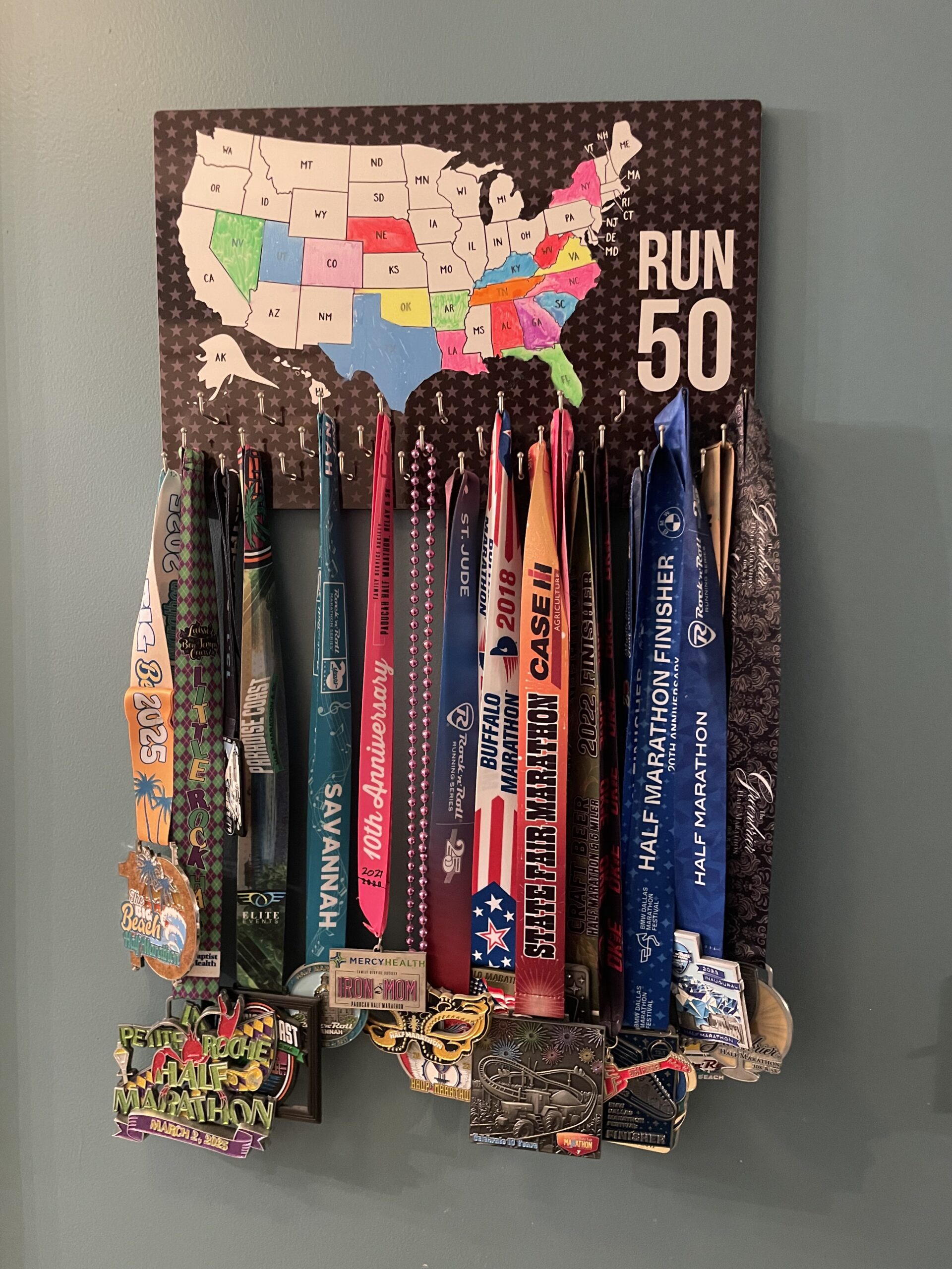 Lisa Hadwin's display of race medals she's earned. 
