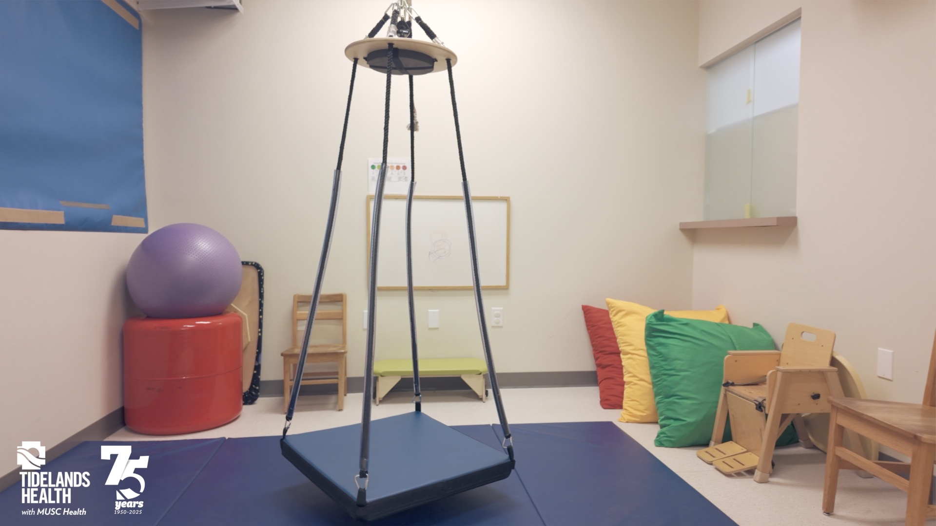 A wide shot of new equipment donated to Tidelands Health. Includes a swing, blocks and more.