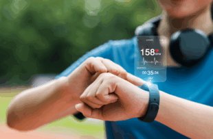 Young woman checking her wristwatch via app to measure her heart rate. Healthy exercise concept. Running, walking.