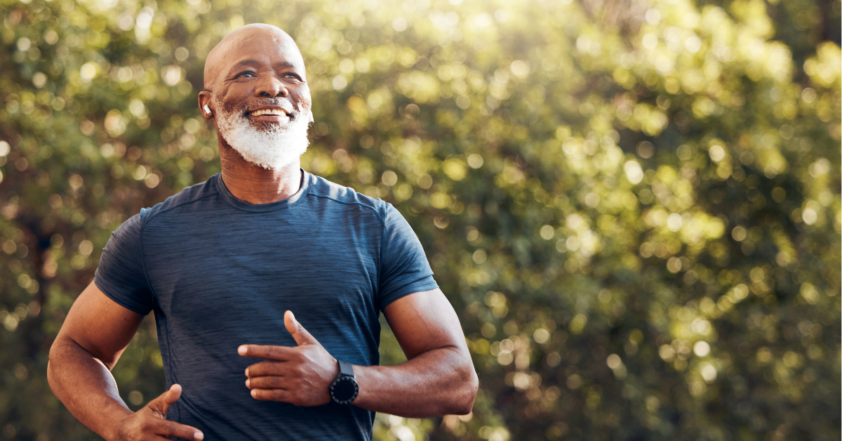 enior male, outdoor runner and motivation for fitness, energy and healthy exercise training with earphones